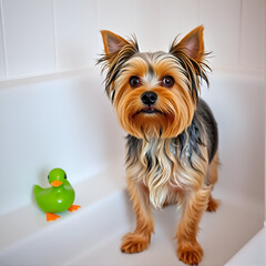 Funny wet dog standing in a bathtub next to a little rubbery green duck. Cute funny lovely Yorkshire Terrier doggy breed taking a shower. Amazing canine animal at home. Pet care, daily hygiene routine