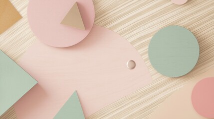 Poster - Minimalist composition featuring pastel-colored geometric shapes on a wooden background, creating a stylish and modern aesthetic