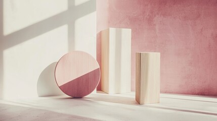 Poster - Three wooden figures casting shadows on a pink and white background, bathed in natural light. Geometric shapes create a modern, minimalist feel