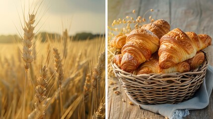 Canvas Print - A close-up shot of a wheat field on the left, and a basket full of freshly baked croissants on the right.,from crop to dish