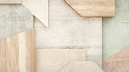 Poster - Wooden panels arranged in various geometric shapes, creating a modern and stylish background with a natural and minimalist aesthetic