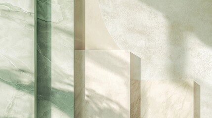 Poster - Abstract background with green marble wall and empty platform illuminated by sunlight creating shadows for branding and product presentation