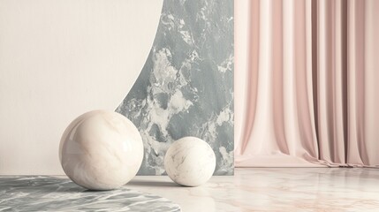 Poster - Elegant white marble spheres on a luxurious surface with a pink curtain in a modern interior. Perfect for adding luxury to any space