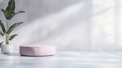 Poster - Minimal pink velvet round podium on white marble floor with sunlight from window and indoor plant for product presentation