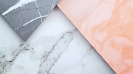 Poster - Grey and pink marble tiles form a chic triangle on white marble. Luxurious and natural, perfect for sophisticated designs. Ideal for interior decoration, product displays, or presentations