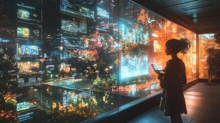 A young girl silhouetted against a wall of digital displays, using her phone to access a vast array of information, representing the interconnectedness of technology in modern life.