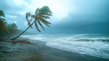 Stormy beach scene with swaying palm tree, dark clouds over ocean waves.