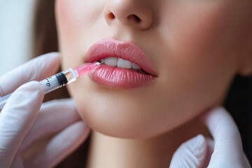 Leinwandbilder - A woman undergoes a hyaluronic acid injection to enhance her lips and rejuvenate her skin, showcasing a precise cosmetic procedure. Generative AI