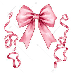 Wall Mural - A beautiful pink bow with curling ribbons creates charming and festive atmosphere, perfect for celebrations and gift wrapping