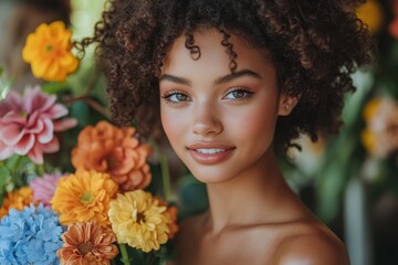 young beautiful mulatto woman with curly hairs on flowers background, female portrait