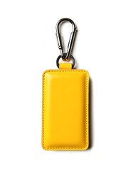 Wall Mural - Yellow leather rectangular keychain holder with steel carabiner isolated on white background