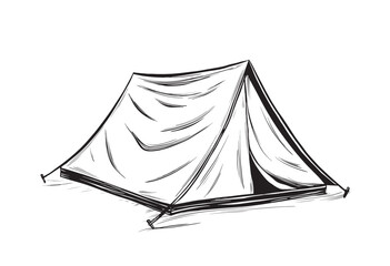 Camp Tent. Hand drawn Vector illustration of old traditional equipment for hiking or travel on isolated background. Drawing of retro camping for trip in a forest. Linear sketch of Campsite.