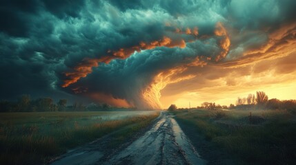 Wall Mural - Dramatic supercell thunderstorm forming over a rural landscape, 4K hyperrealistic photo