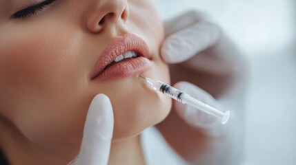 Leinwandbilder - A beautiful woman is receiving a hyaluronic acid injection for lip enhancement, focusing on skin rejuvenation in a clinic setting. Generative AI