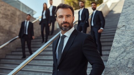 Poster - A man in a suit stands on a staircase with other men in suits