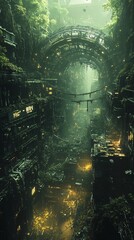 Poster - A post-apocalyptic world where AI has evolved into a new form of life, bioluminescent plants, mechanical creatures, remnants of humanity