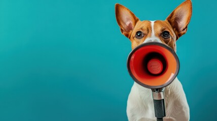 Canvas Print - Dog with megaphone on blue background announcing special offer