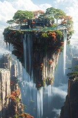 Poster - A floating island powered by AI, where advanced technology and natural beauty harmonize, waterfalls, futuristic structures, hovering