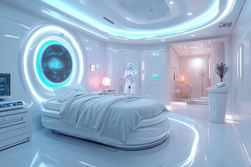 Poster - A futuristic AI-powered healthcare center, robotic nurses, advanced medical technology, a sense of cleanliness and efficiency