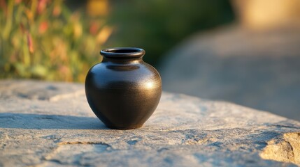 A small black jar positioned on a stone surface