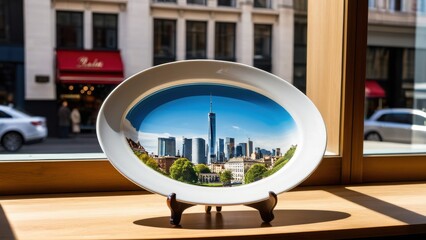 Wall Mural - Souvenir plate featuring a vibrant city skyline, perfect as a decorative keepsake from urban travels and iconic landmarks.