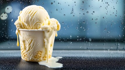 A delectable cup of ice cream slowly melting and dripping down the windshield from the roof creating a captivating and display on a warm summer day