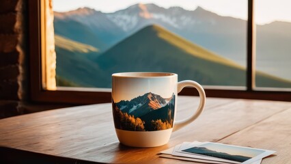 Wall Mural - Ceramic travel souvenir mug with a scenic mountain print, placed by a window with a breathtaking view, ideal for travel memories and personalized gifts