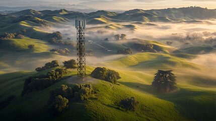 a solitary cell tower silhouetted against the hazy mist shrouded hills bathed in the warm glow of th