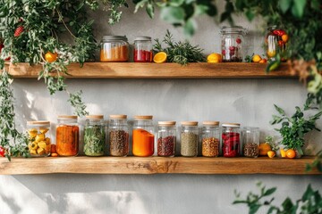 Sustainable kitchen pantry with glass jars of spices herbs