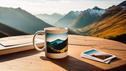 Wall Mural - Ceramic travel souvenir mug with a scenic mountain print, placed by a window with a breathtaking view, ideal for travel memories and personalized gifts