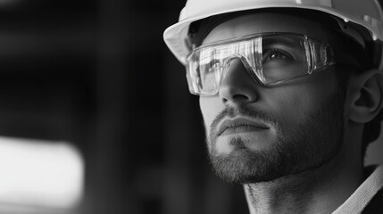 Aufkleber - A construction worker wearing a hard hat and safety glasses carefully assesses the project and surroundings at a job site in daylight. Generative AI
