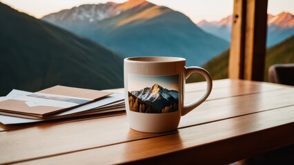 Wall Mural - Ceramic travel souvenir mug with a scenic mountain print, placed by a window with a breathtaking view, ideal for travel memories and personalized gifts