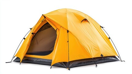 yellow camping tent with open entrance, white isolated background.