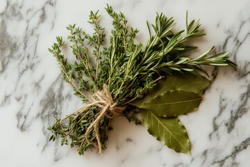 Rustic still life of fresh thyme and herbs on marble surface for culinary design.