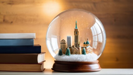 Wall Mural - Beautifully crafted city-themed snow globe on a wooden base, ideal as a travel souvenir and for collectors