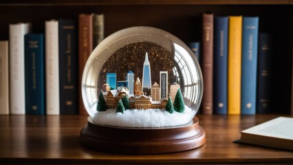 Wall Mural - Beautifully crafted city-themed snow globe on a wooden base, ideal as a travel souvenir and for collectors