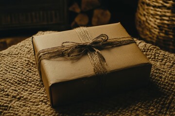 Wall Mural - Rustic gift box with jute twine on knitted texture backdrop