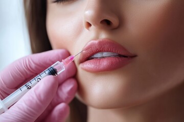 Leinwandbilder - A woman is undergoing a hyaluronic acid injection procedure for lip filling and facial rejuvenation in a clinical setting. Generative AI