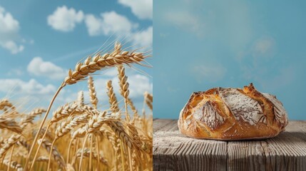 A split image showing wheat stalks against a blue sky and a loaf of freshly baked bread on a wooden surface.,from crop to dish