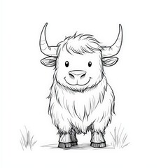 Illustration of a cute, fluffy yak with big horns on a white isolated background.