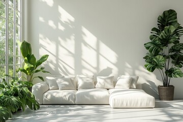 Wall Mural - modern minimalist living room, minimalist white living room with a large couch, green plants, and soft natural light casting shadows, perfect for text addition