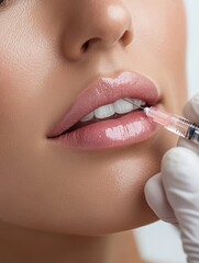 Poster - A beautiful woman is receiving a hyaluronic acid injection to enhance her lips and rejuvenate her skin, showcasing a professional procedure. Generative AI