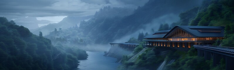 Poster - Futuristic Hydrogen Fuel Production Facility in Mountain Range with Geometric Design and Glowing Pipelines