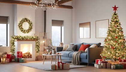 Warm Christmas living room with gifts surrounding the tree and festive home decor