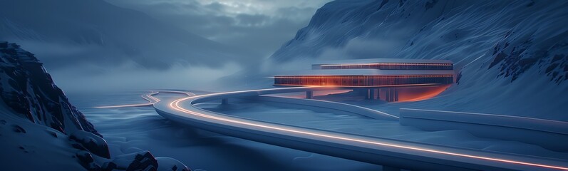 Poster - Futuristic Hydrogen Fuel Production Facility in Mountain Range with Geometric Design and Glowing Pipelines