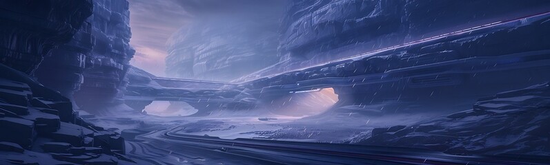 Poster - Futuristic Hydrogen Fuel Production Facility in Mountain Range with Geometric Design and Glowing Pipelines