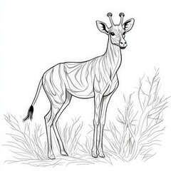 Zebra-like animal standing amidst foliage, black outline on white background, suitable for coloring or artistic applications.