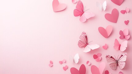 Poster - Photo of, Pink background with overlapping hearts and butterflies for design, banner template