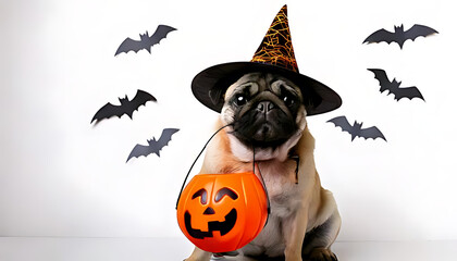 Wall Mural - dog dressed witch halloween pug sits white background bats holding candy bucket teeth