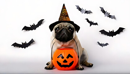 Wall Mural - dog dressed witch halloween pug sits white background bats holding candy bucket teeth